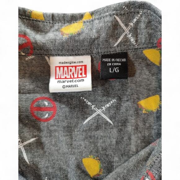 Marvel Deadpool Mad Engine Short Sleeve Button Up Shirt Taco Katana Comic Book L - Picture 1 of 5